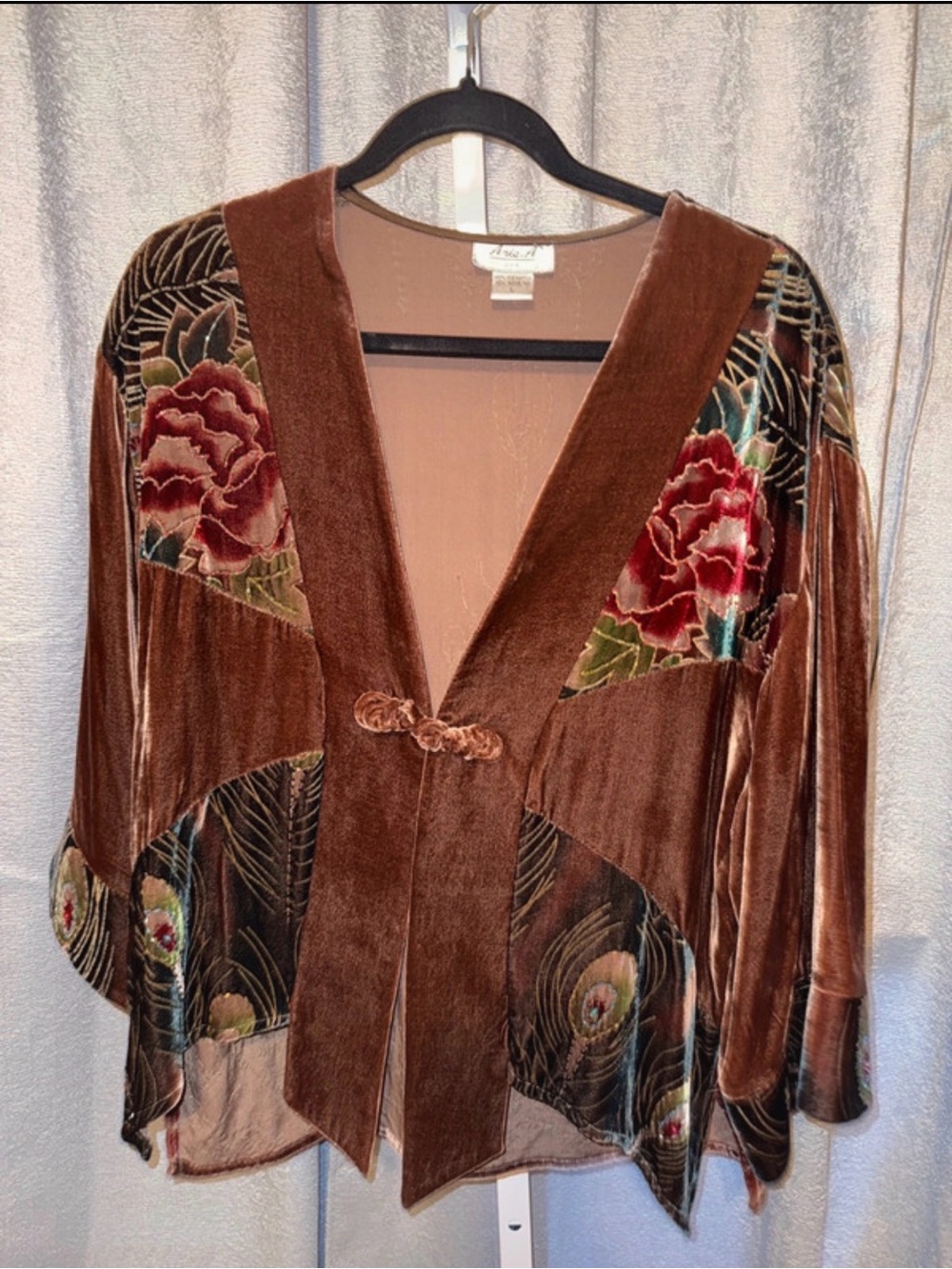 Anis.A Vintage Velvet Floral-Panel Brown Open Cardigan